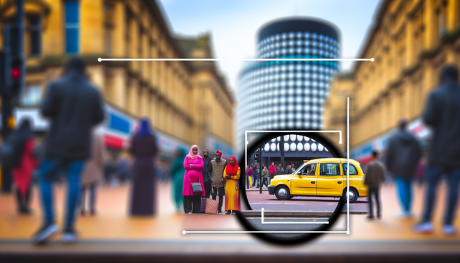 alt_text: A bustling Birmingham street with a yellow taxi, diverse passengers, and iconic architecture.
