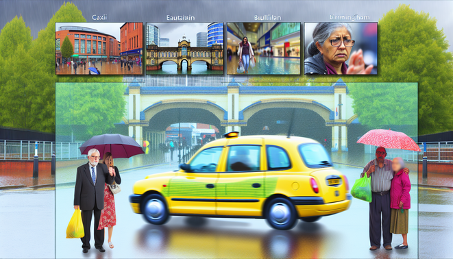 alt_text: A vibrant Birmingham taxi scene with a modern cab, diverse passengers, and iconic landmarks in rain.