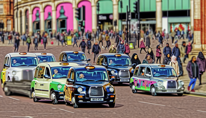 alt_text: A vibrant Birmingham street scene with diverse taxis, drivers, pedestrians, and iconic landmarks.