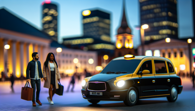 alt_text: A vibrant Birmingham street scene featuring a modern taxi, landmarks, and diverse pedestrians at dusk.