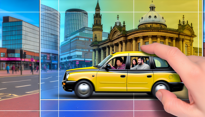 alt_text: A vibrant Birmingham street scene featuring a yellow taxi, diverse passengers, and iconic landmarks.
