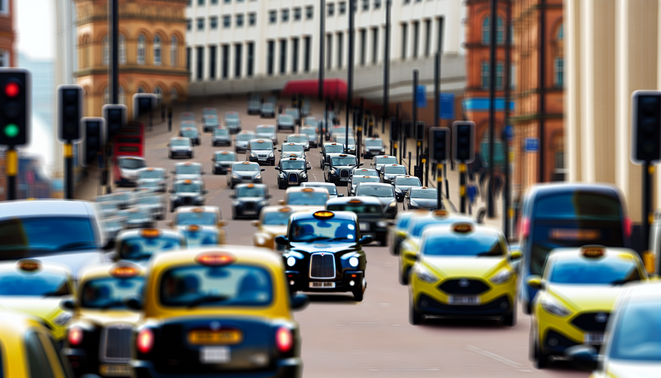 alt_text: A vibrant Birmingham street bustling with taxis, diverse passengers, and iconic landmarks in view.