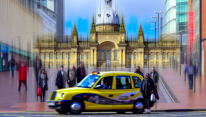 alt_text: A vibrant Birmingham taxi scene, blending iconic landmarks and diverse passengers day and night.