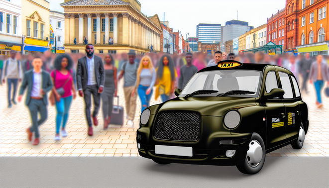alt_text: A busy Birmingham street with a modern taxi, iconic skyline, and lively pedestrian activity.