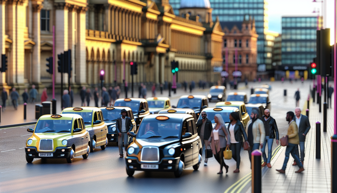 alt_text: A vibrant Birmingham taxi scene at golden hour, featuring iconic landmarks and diverse street life.