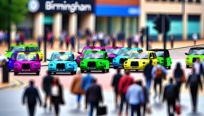alt_text: A vibrant Birmingham street scene showcasing diverse taxis and lively pedestrians at peak hours.