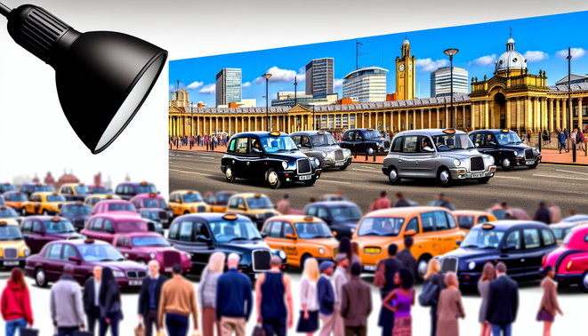 **alt_text**: A vibrant Birmingham taxi scene with diverse cabs, iconic landmarks, and lively urban interactions.