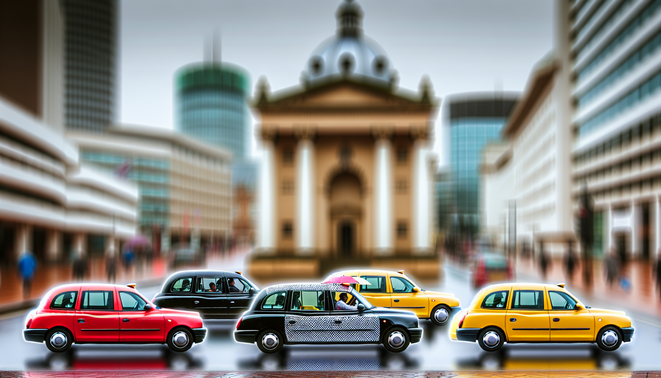 alt_text: Vibrant Birmingham taxi scene with diverse passengers, iconic landmarks, and a rainy urban atmosphere.