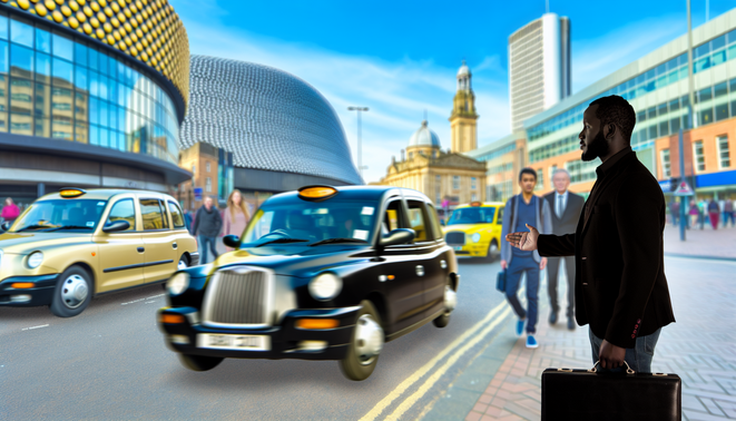 alt_text: A lively Birmingham taxi scene featuring diverse taxis, iconic landmarks, and bustling pedestrians.