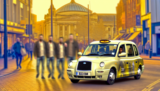 alt_text: "A vibrant Birmingham street at golden hour, featuring a modern taxi, diverse passengers, and iconic landmarks."
