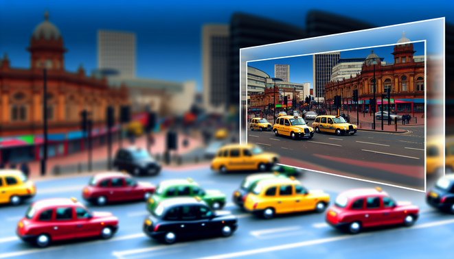 alt_text: A vibrant Birmingham cityscape with diverse taxis, landmarks, and dynamic street life under a blue sky.