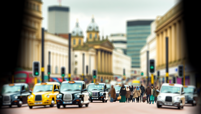 alt_text: A vibrant Birmingham taxi scene with iconic landmarks, busy streets, diverse people, and taxis.