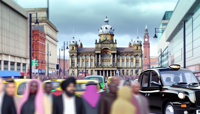 alt_text: A bustling Birmingham scene with a black taxi, landmarks, and vibrant culture, showcasing reliable service.