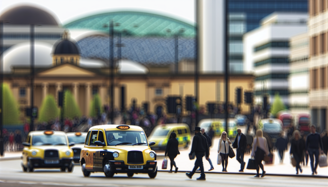 alt_text: Vibrant scene of Birmingham's taxi services, bustling with iconic landmarks and diverse city life.