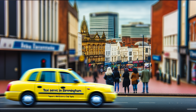 alt_text: A vibrant Birmingham street with a yellow taxi, landmarks, and diverse passengers. Tagline included.