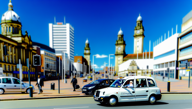 alt_text: A vibrant Birmingham street with a modern taxi, landmarks, and diverse passengers, under a clear sky.