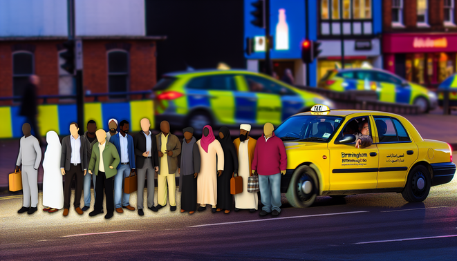 alt_text: A bustling Birmingham street with a yellow taxi picking up diverse passengers at dusk.