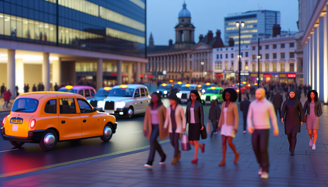 alt_text: A vibrant Birmingham cityscape at dusk, featuring taxis, landmarks, and bustling pedestrians.