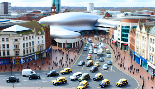 alt_text: A vibrant Birmingham taxi scene with the Bullring, busy streets, and diverse passengers under a blue sky.