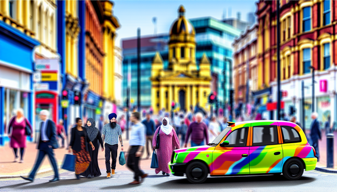 alt_text: A vibrant Birmingham street with a colorful taxi, locals, and iconic landmarks bustling around.