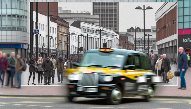 alt_text: A vibrant Birmingham taxi scene with landmarks, diverse cabs, and bustling streets of pedestrians.