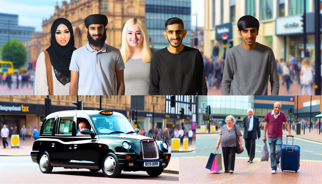 alt_text: "A busy Birmingham street with iconic black cabs, diverse passengers, and landmarks like the Bullring."